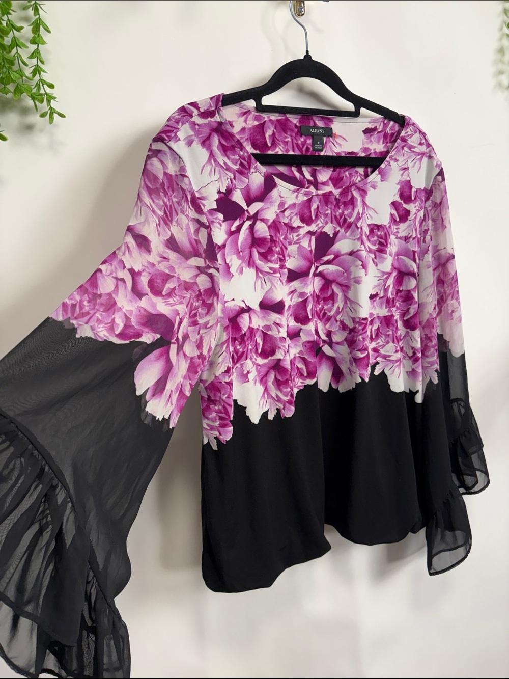 Alfani Pink Floral Blouse with Black Sheer Bell Sleeves